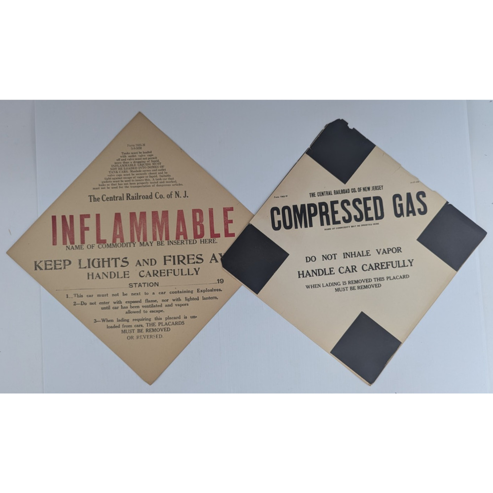 The Central Railroad Co Inflammable & Compressed Gas Paper Sign Lot of 2
